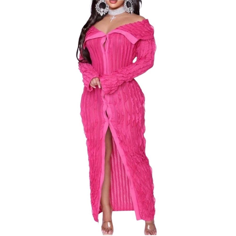 DRESS: Hot Pink Sheer Off Shoulder Ruffle Dress, NWOT - Picture 6 of 7